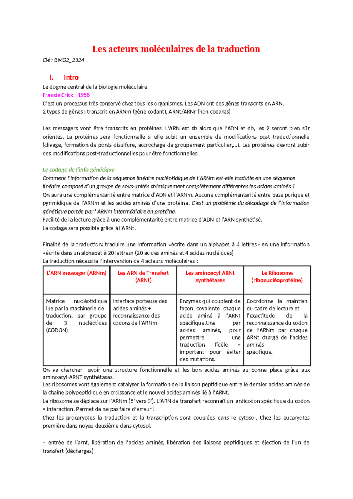 Les acteurs moléculaires de la traduction-fin - Les acteurs ...