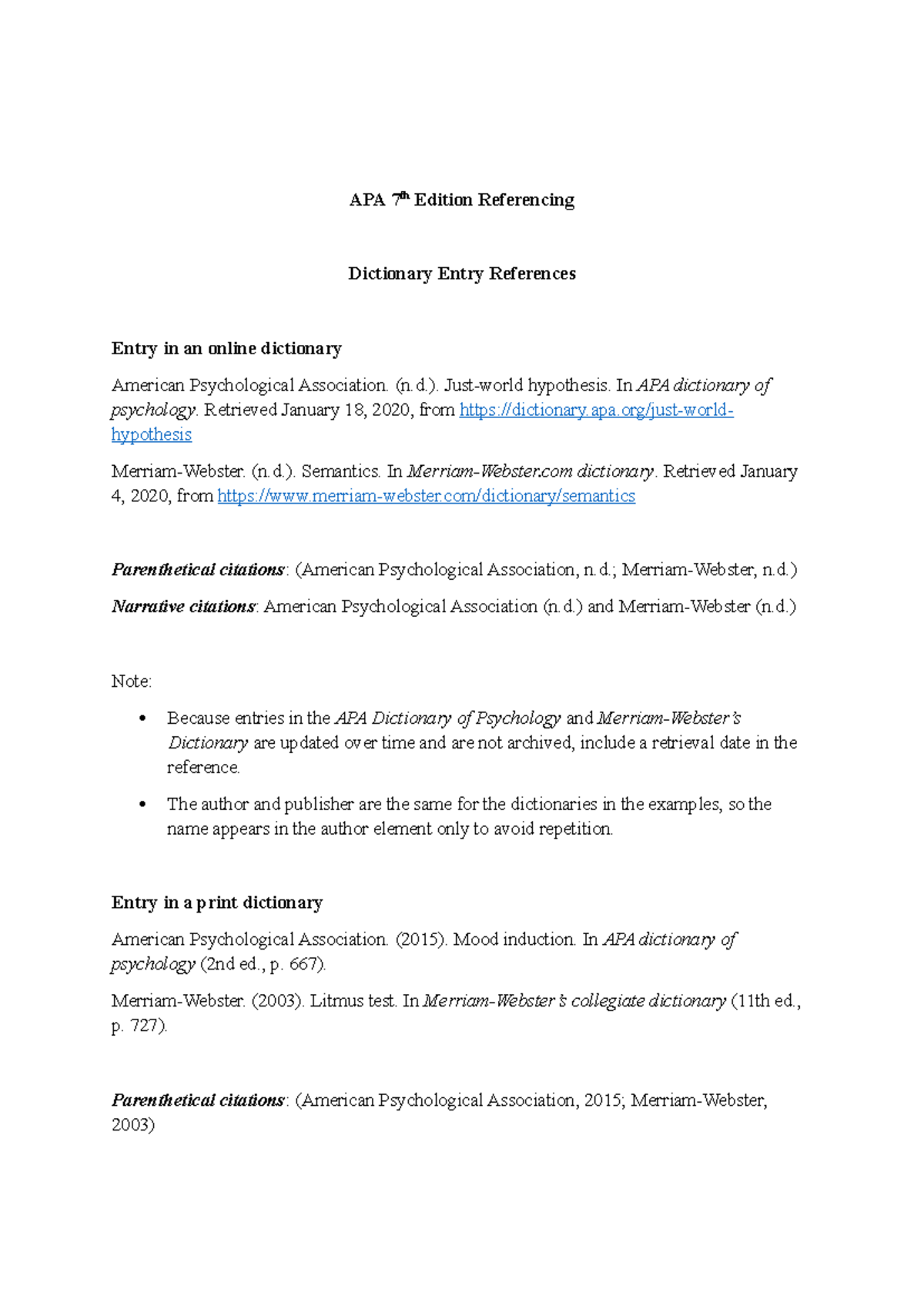 APA 7th Edition Referencing: Dictionary Entry Guidelines - Studocu