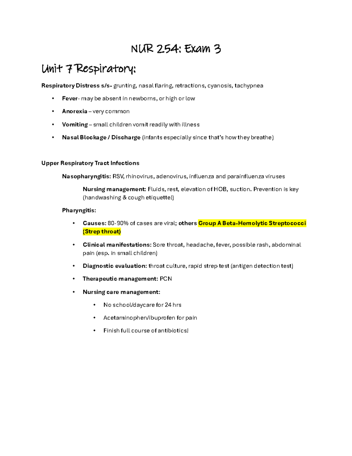 NUR 254: Exam 3 Respiratory Study Guide on Pediatric Conditions - Studocu