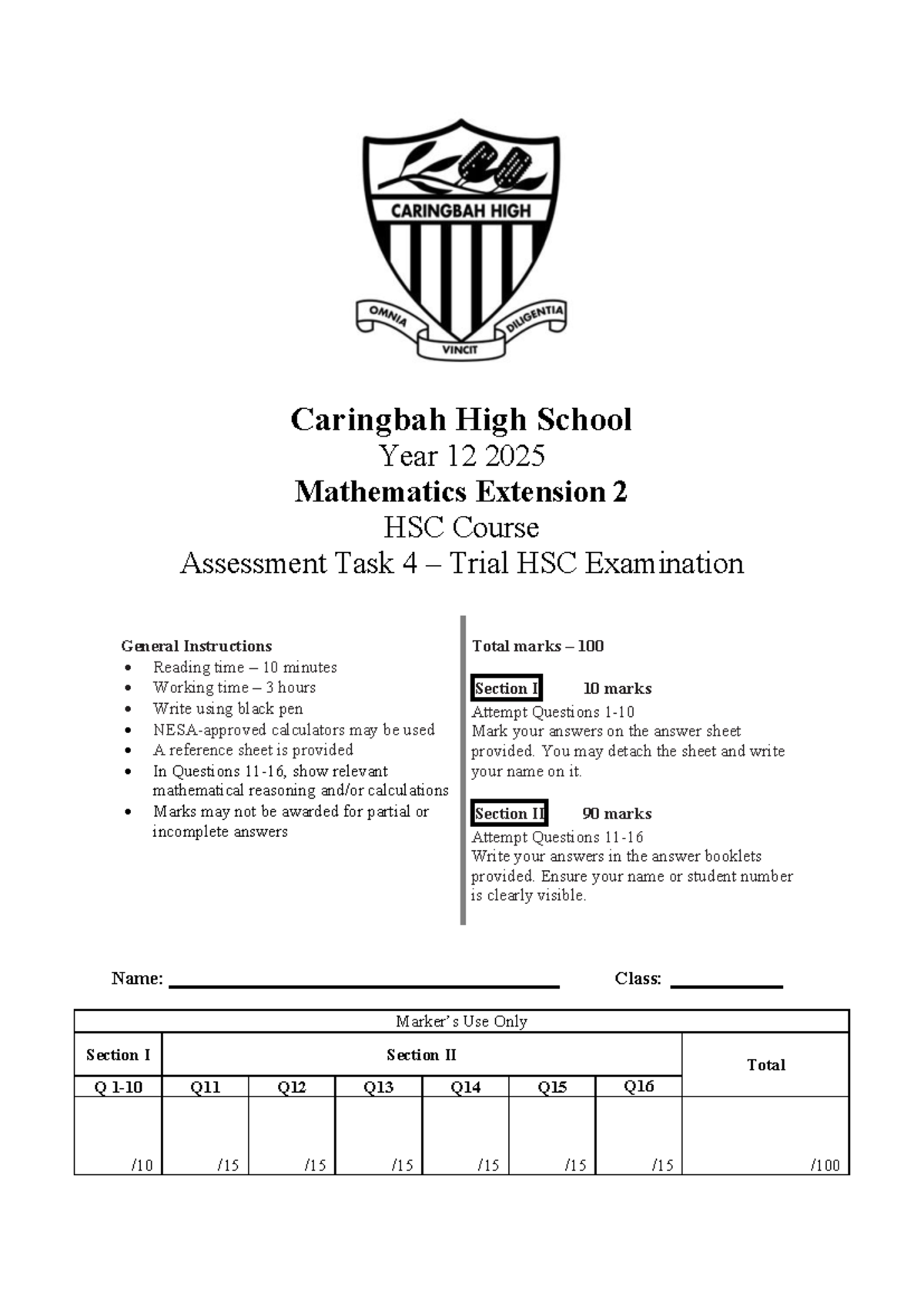 2025 HSC Mathematics Extension 2 Trial Exam - Caringbah High School ...