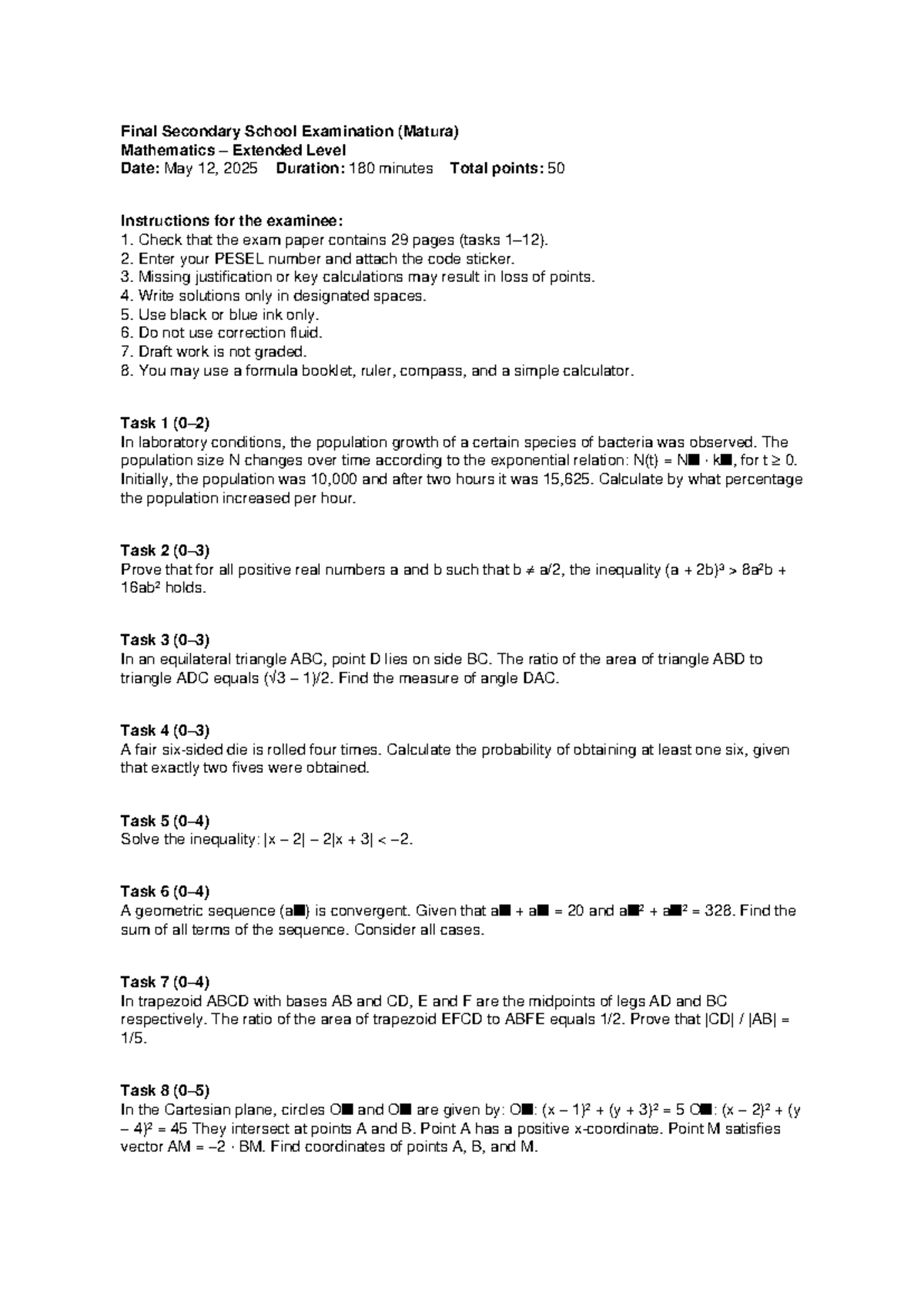 Mathematics Matura 2025 Extended Level Exam Instructions and Tasks ...