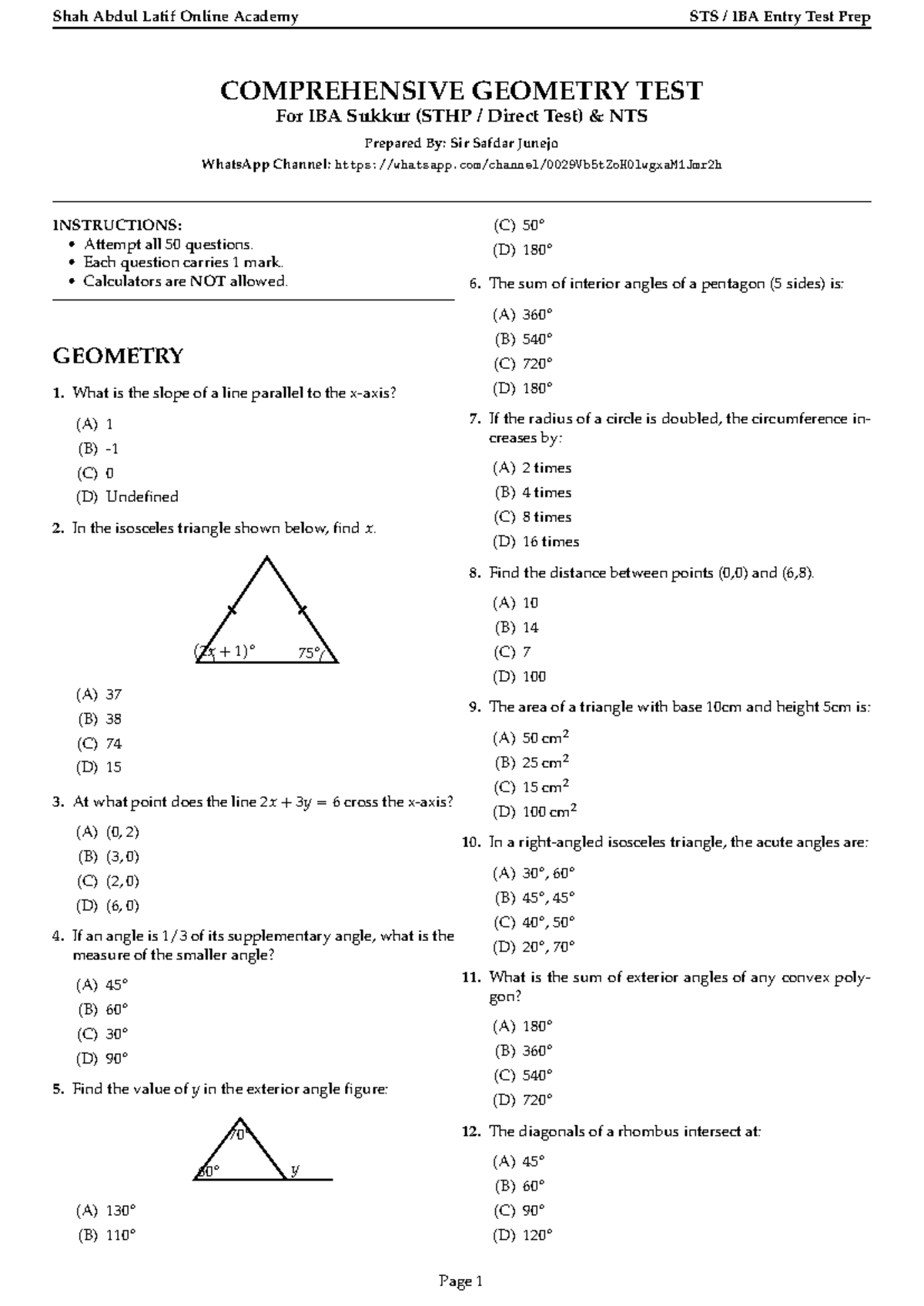 IBA Geometry Mega Test: 50 Solved MCQs for Entry Test Prep - Studocu