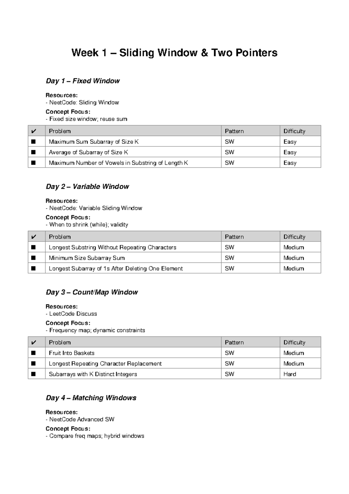 Week 1 Prep: Sliding Window & Two Pointers Concepts and Problems - Studocu