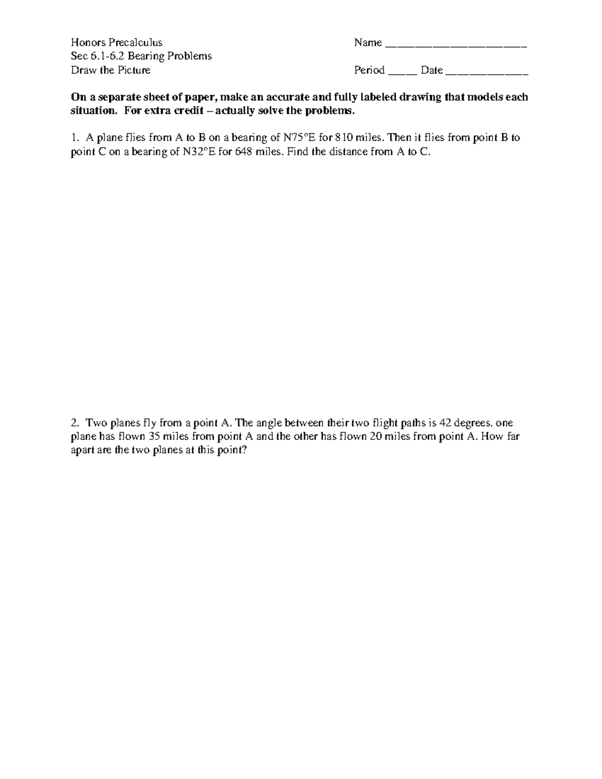 6.1-6.2 Honors Precalculus Bearing Problems with Drawings - Studocu