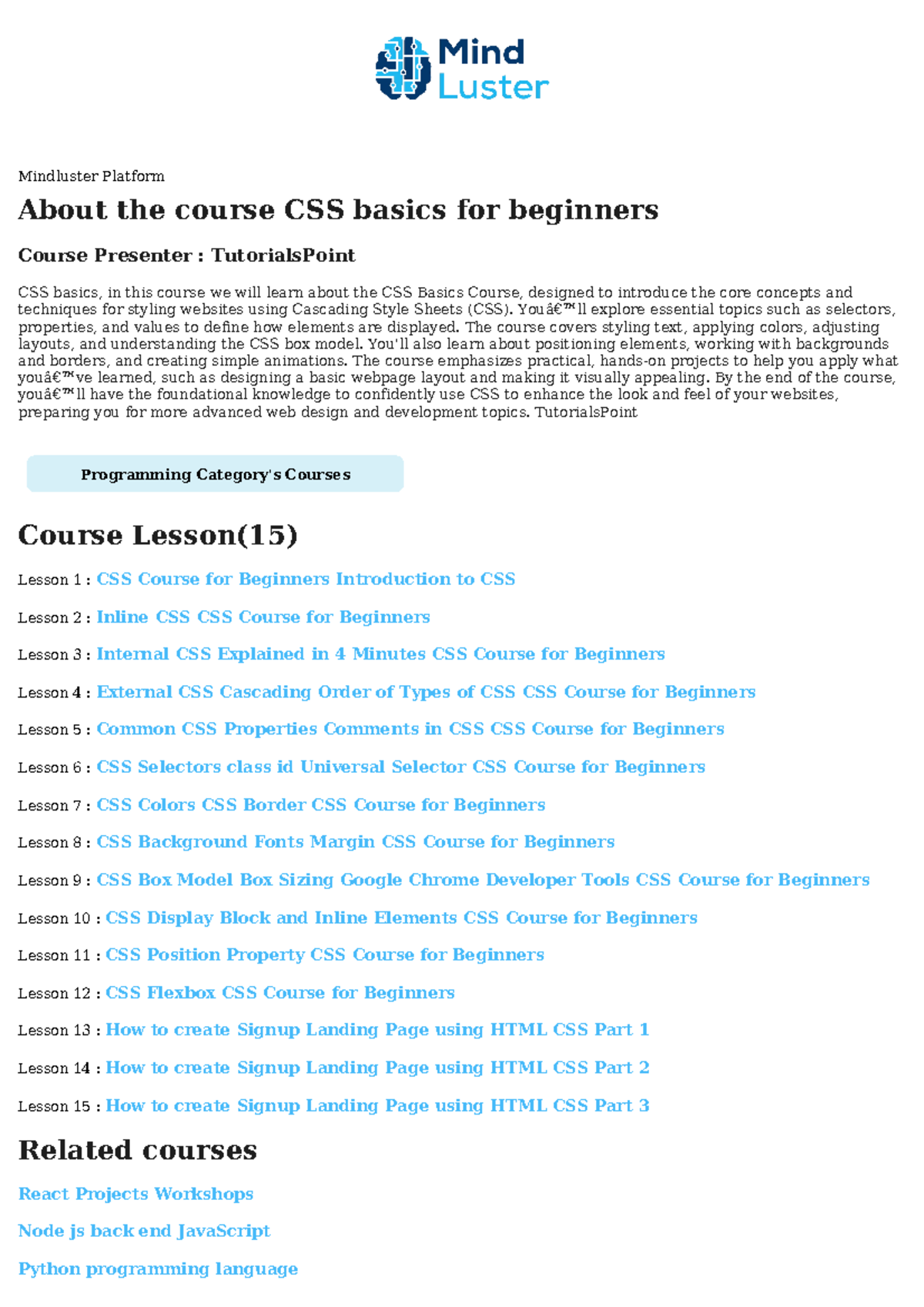 CSS basics for beginners Course Content - Mindluster Platform About the ...