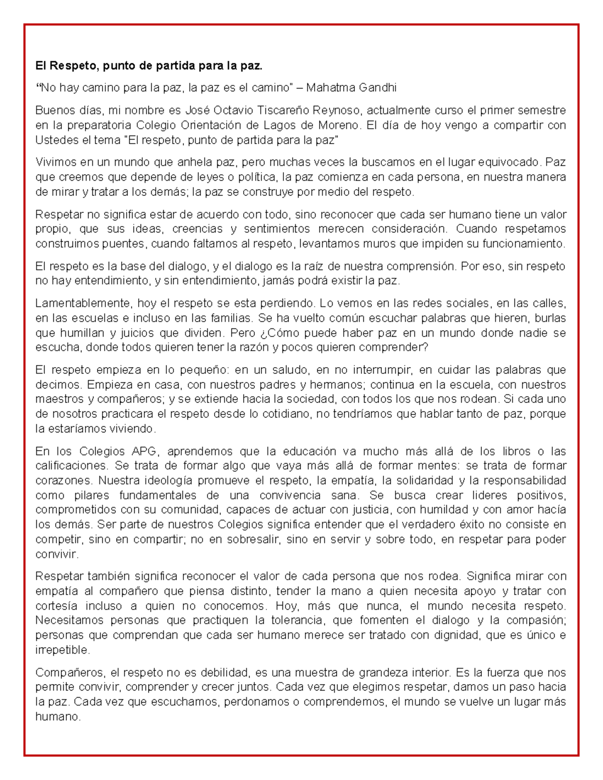Discurso sobre el Respeto y la Paz - Primer Semestre - Studocu