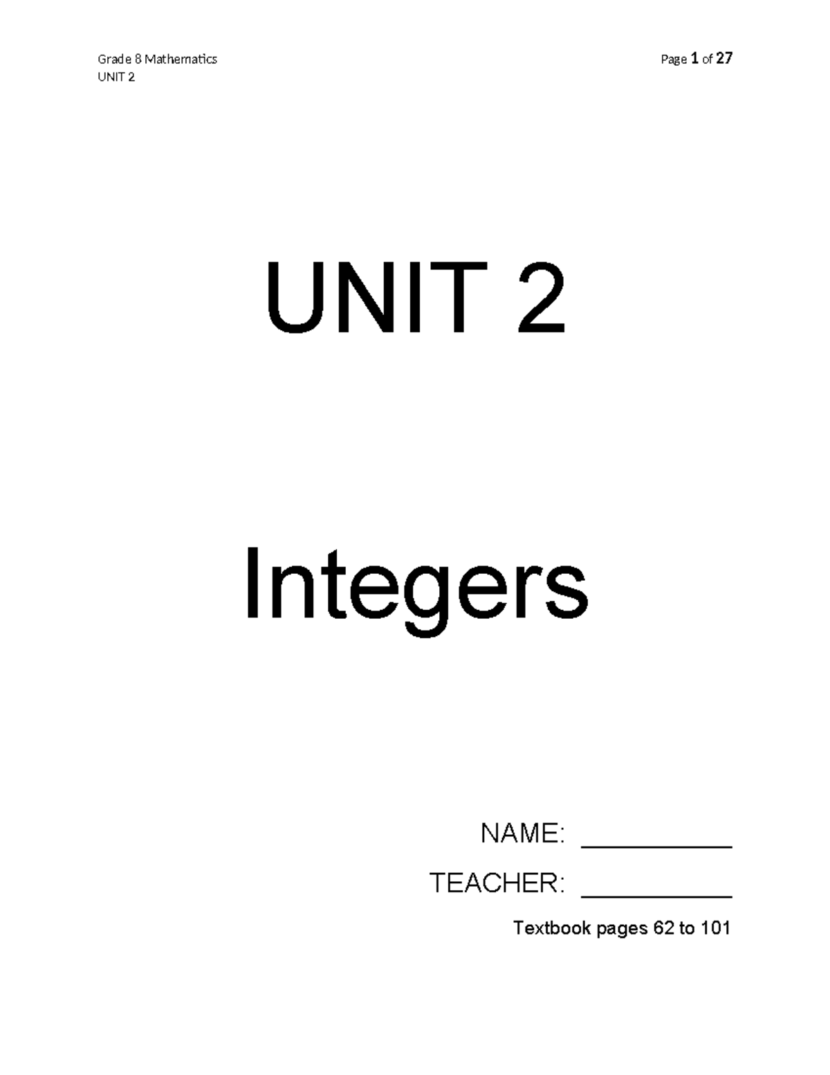 UNIT 2 New Booklet - Linear math - UNIT 2 UNIT 2 Integers NAME ...