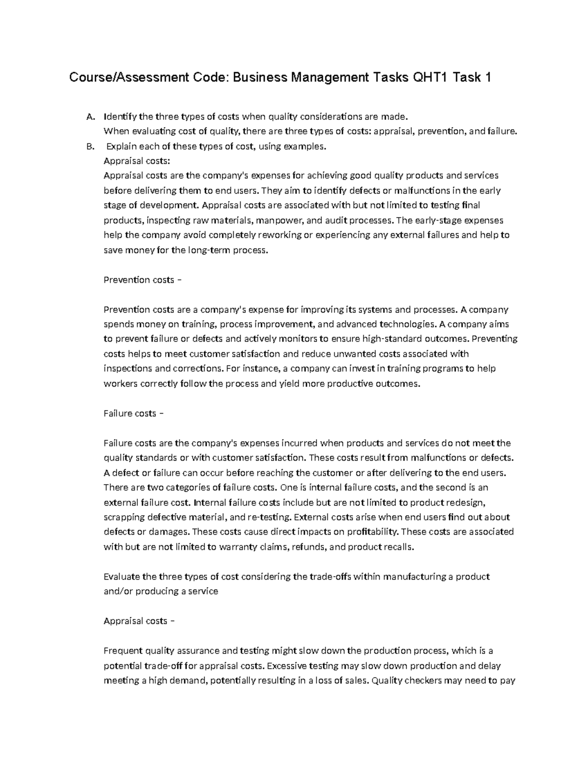 QHT1 TASK 1 - Task 1 - Course/Assessment Code: Business Management ...