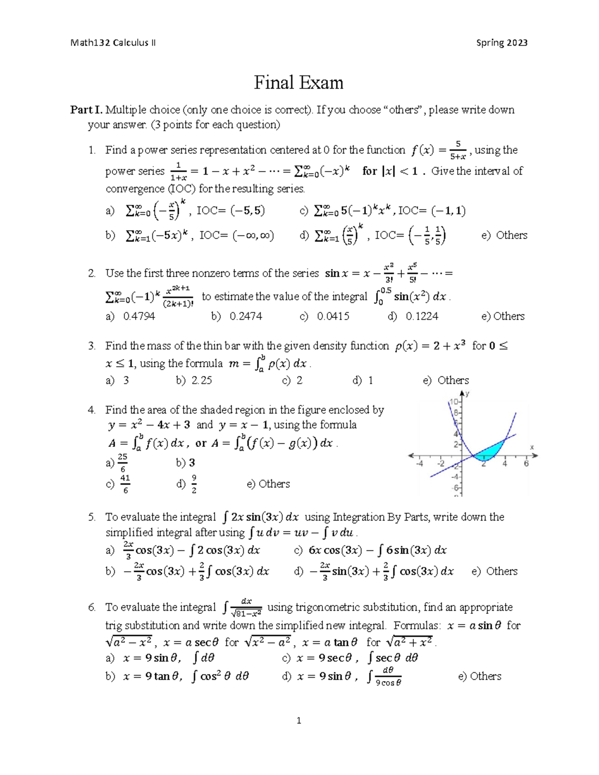 Math132 Calculus II Spring 2023 Final Exam Part I & II Review - Studocu