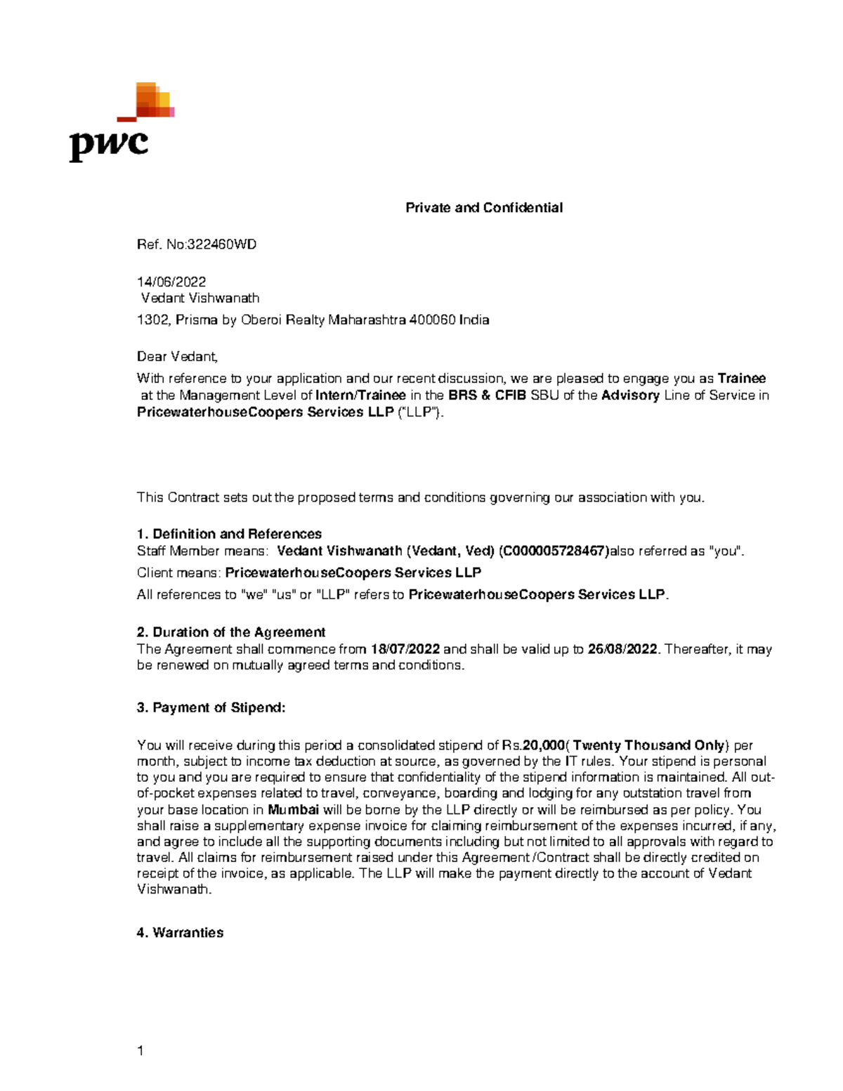 PwC Trainee Agreement for Vedant Vishwanath - Contract Details - Studocu