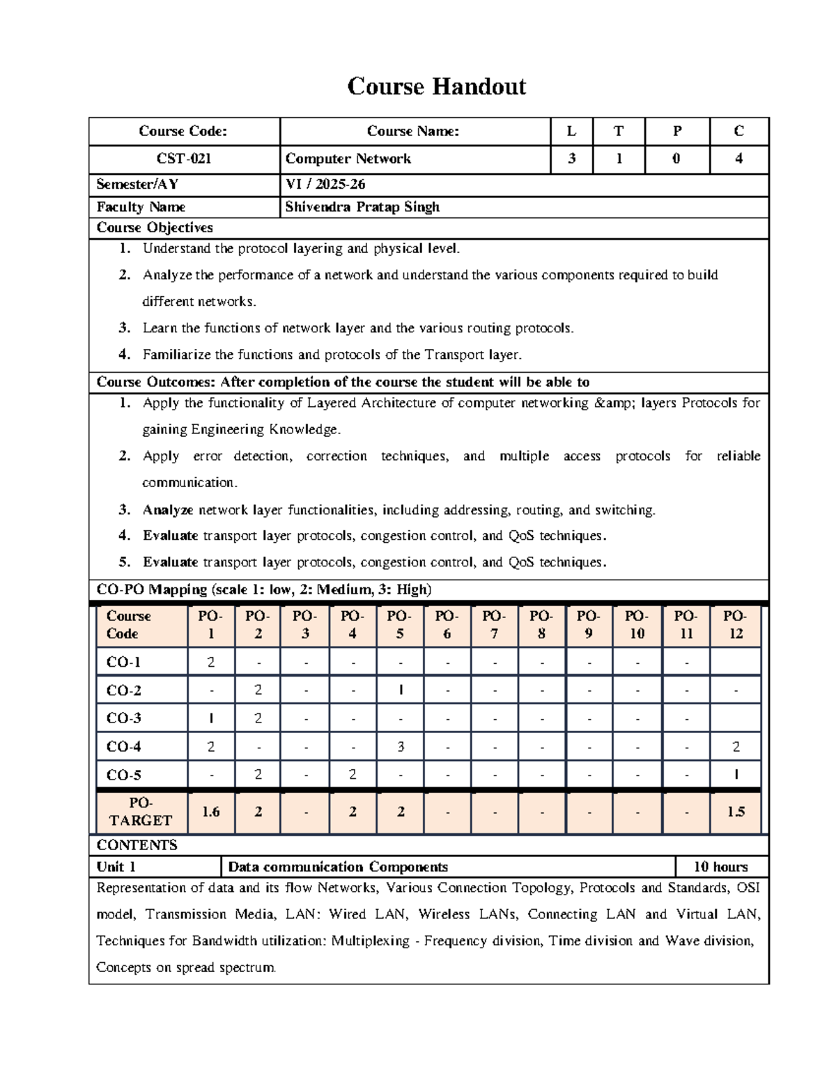 CN Handout: Computer Networks Course Overview by Shivendra Pratap Singh ...