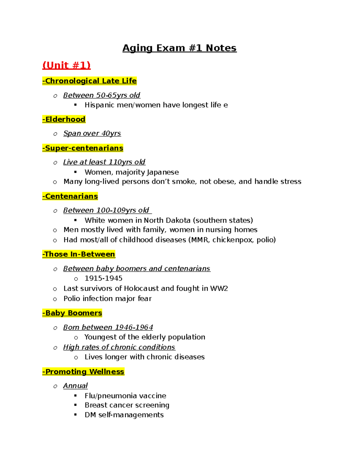 Aging Exam #1 Notes: Insights on Late Life and Elderly Care - Studocu