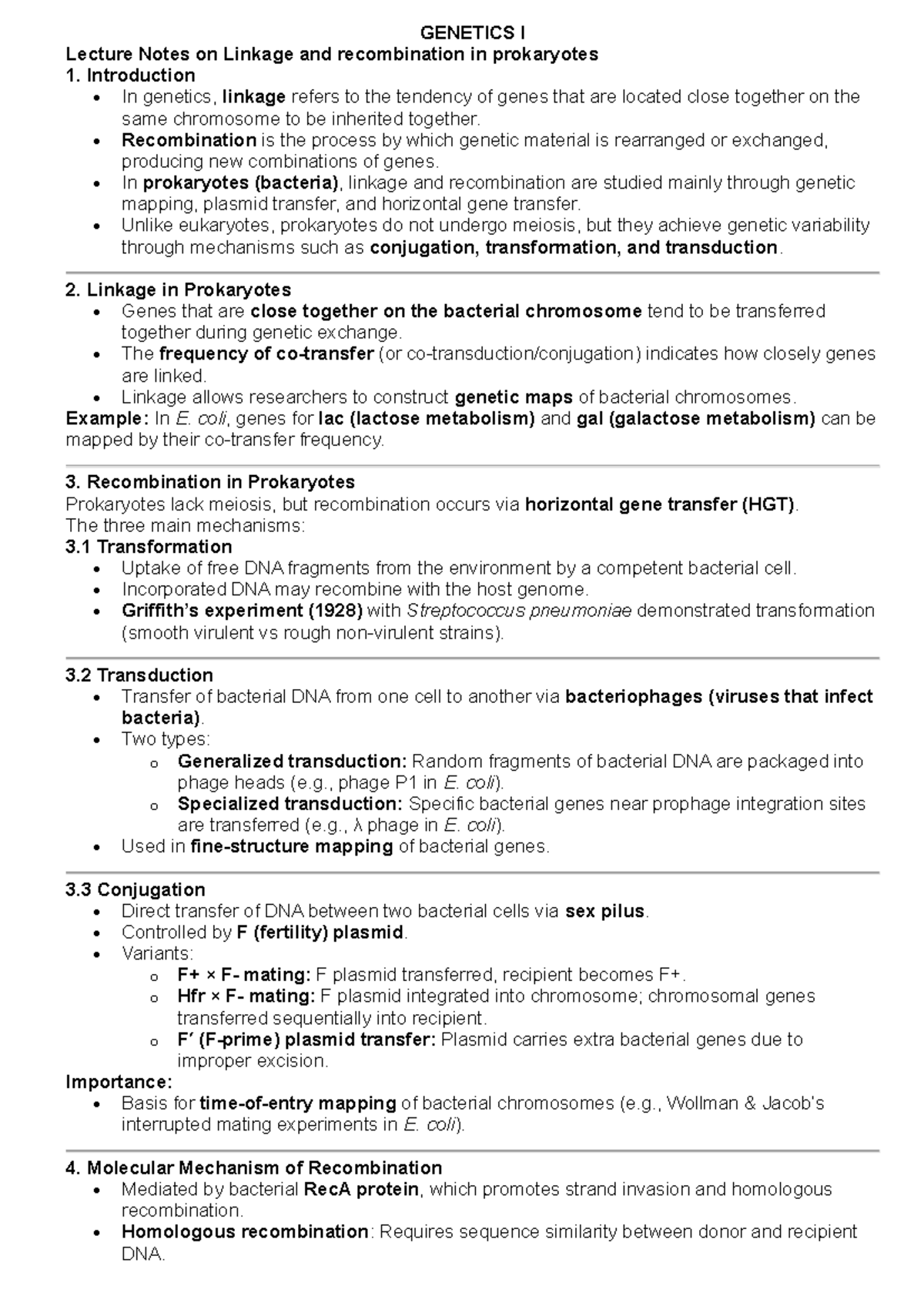 GENETICS I Lecture Notes: Linkage & Recombination in Prokaryotes - Studocu