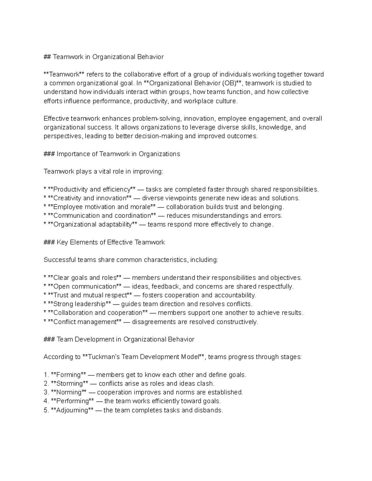 Teamwork in Organizational Behavior: Key Elements & Development - Studocu