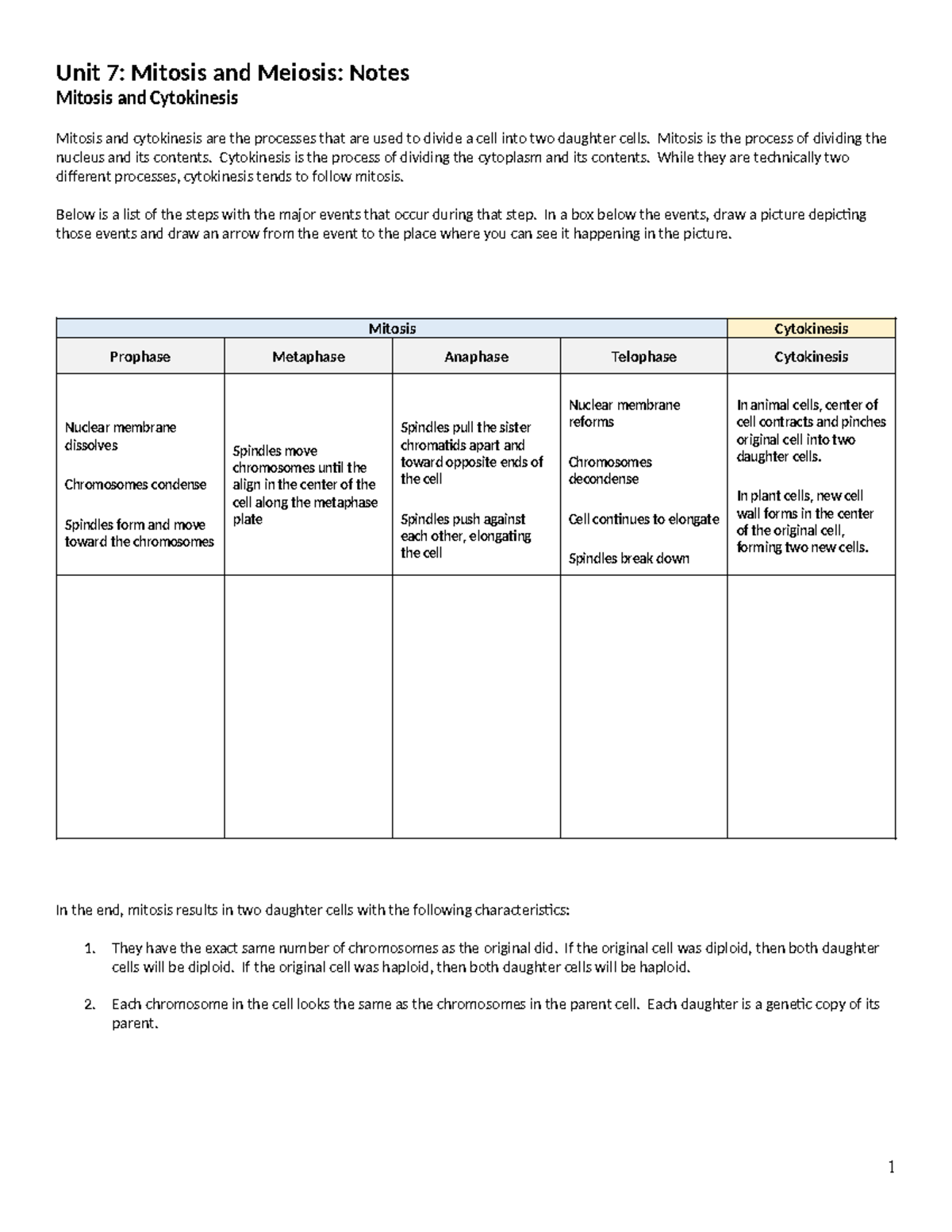 Unit 7: Mitosis & Meiosis Final Exam Study Notes on Cell Division - Studocu