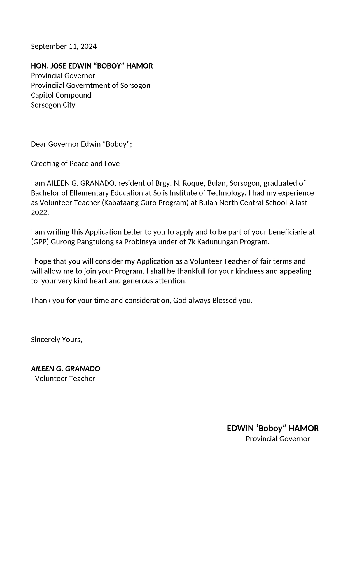 GPP Application Letter for Volunteer Teacher by Aileen G. Granado - Studocu