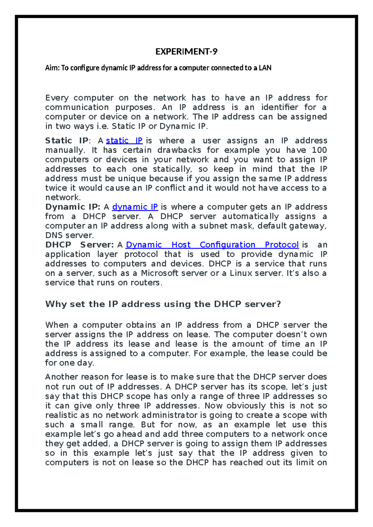 Experiment 9 - Configuring Dynamic IP Address via DHCP in LAN - Studocu