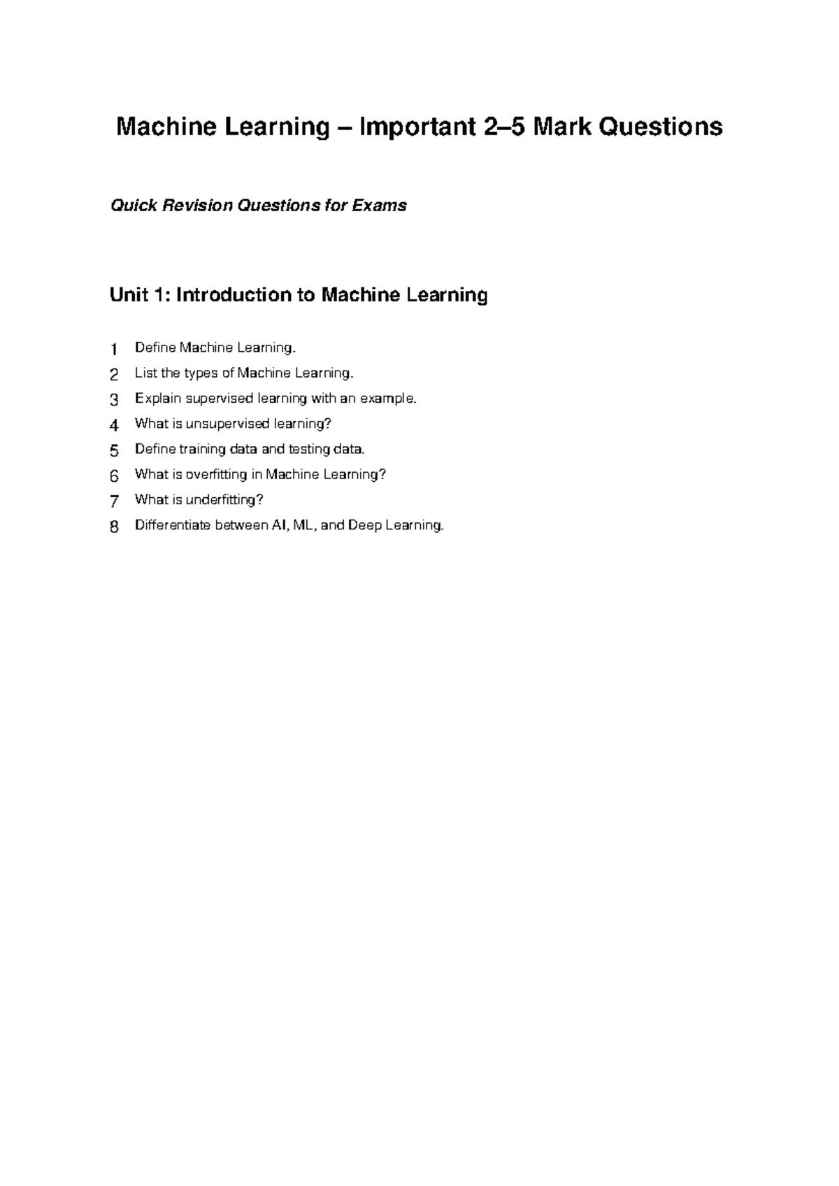 ML Important 5 Mark Questions for Quick Revision - Studocu