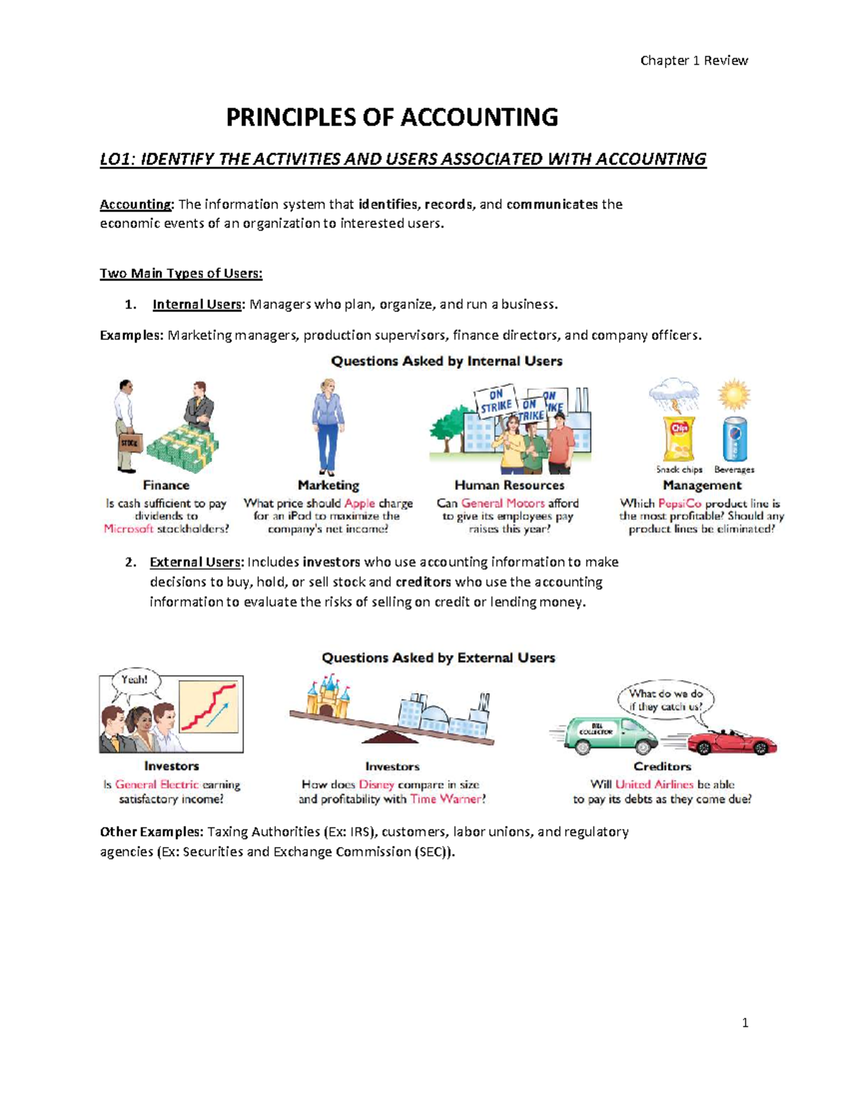 Chapter 1 Review: Principles of Accounting (LO1-LO5) Summary - Studocu