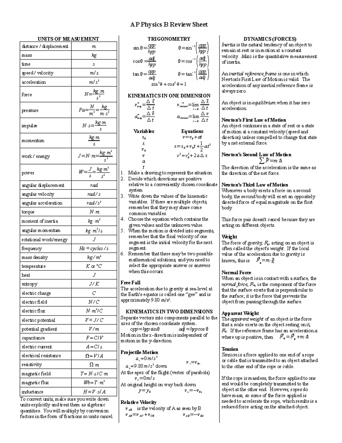 PHYS 101 Final Exam Review: Key Concepts and Formulas - Studocu