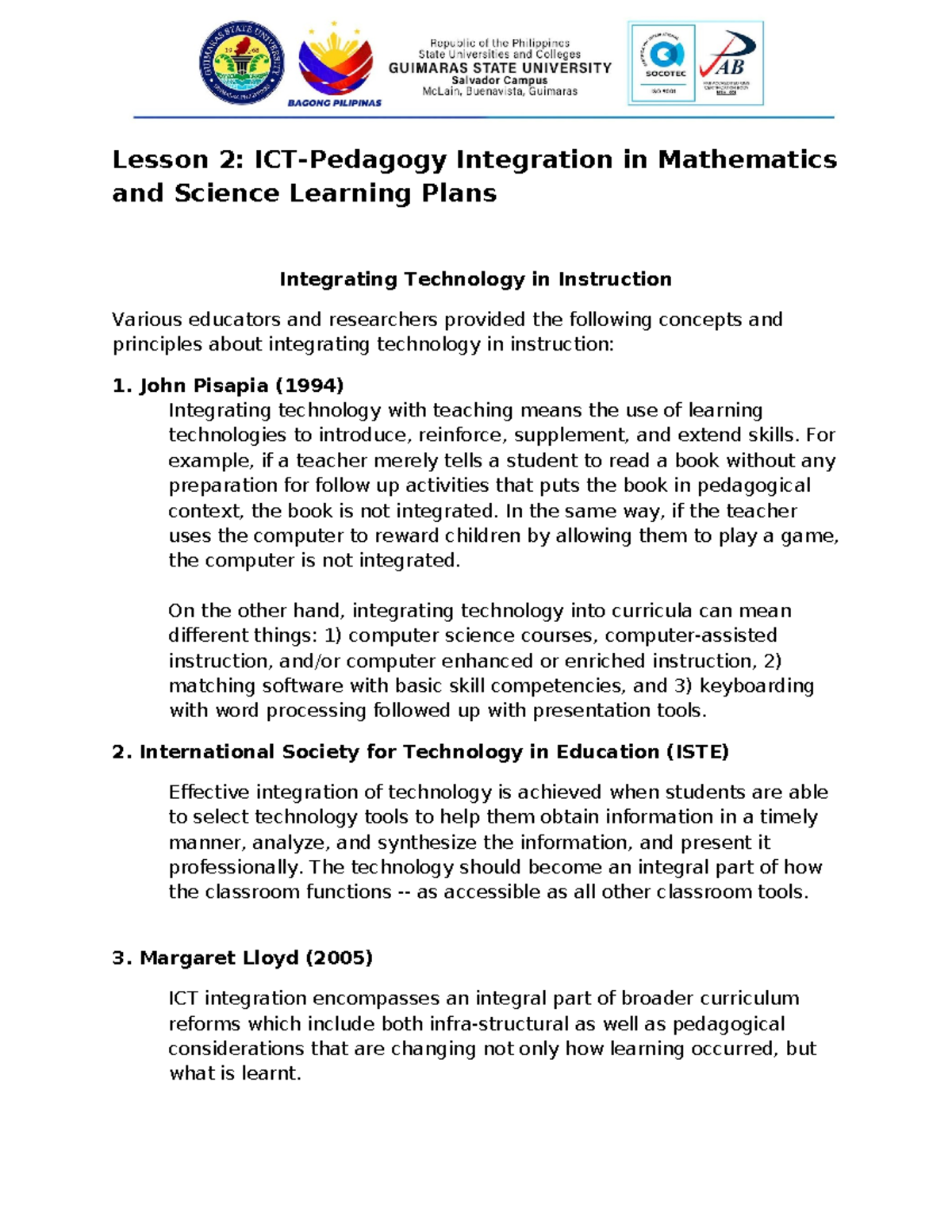 Lesson 2 - ICT-Pedagogy Integration in Mathematics and Science Notes ...