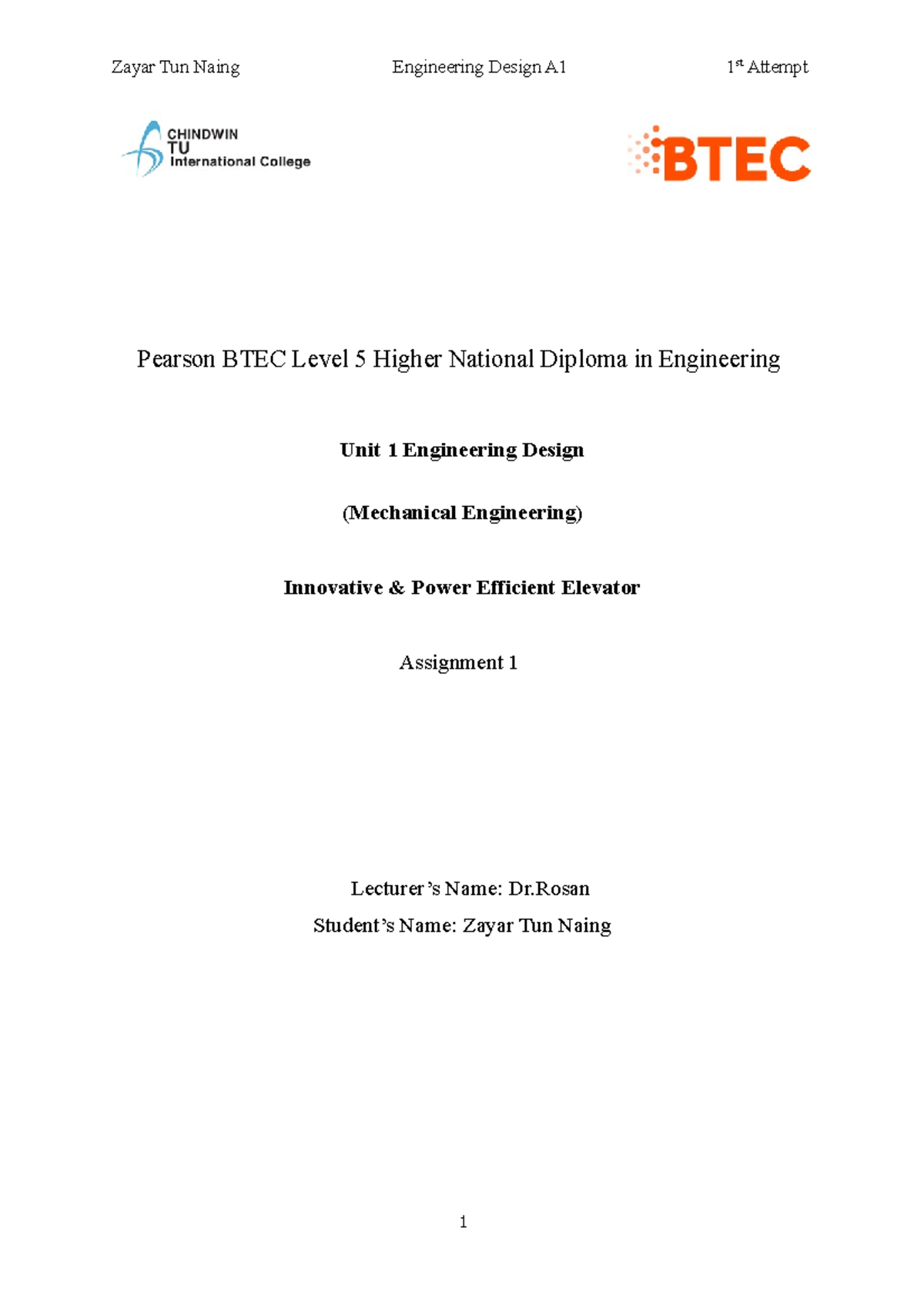 Unit 1 ED A1 ME ZYTN: Elevator Design Assignment 1 Overview - Studocu