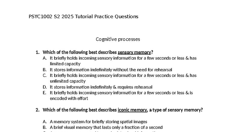 Psyc1002 S2 2025 Extra Tutorial Practice Questions On Cognitive