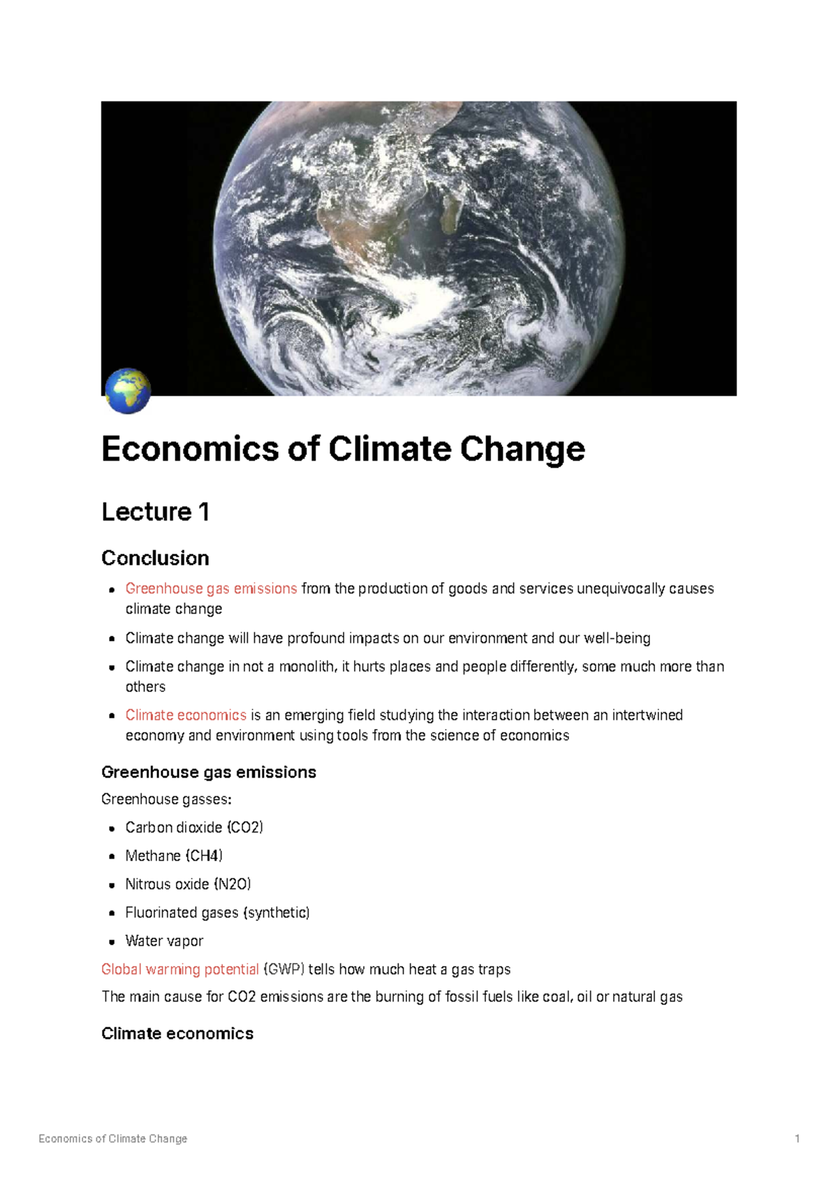 Economics of Climate Change - Lecture Summary (Lectures 1-14) - Studeersnel