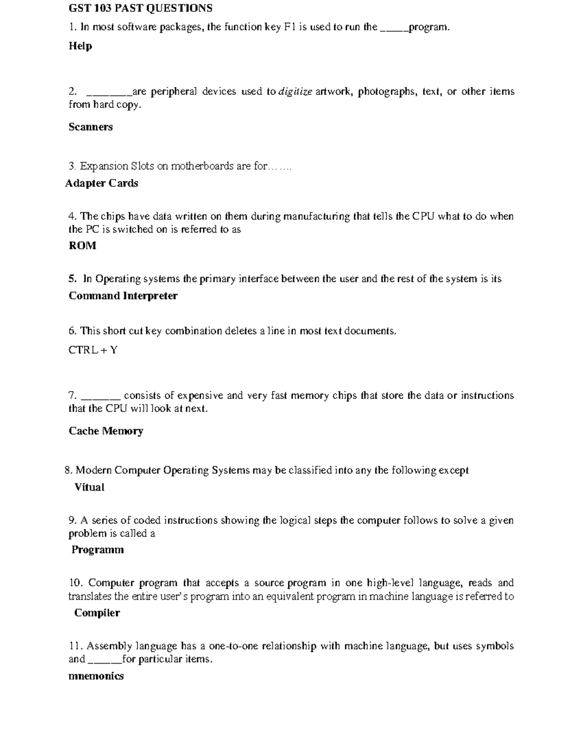GST 103 2017 Lecture Notes: Past Questions and Key Concepts - Studocu