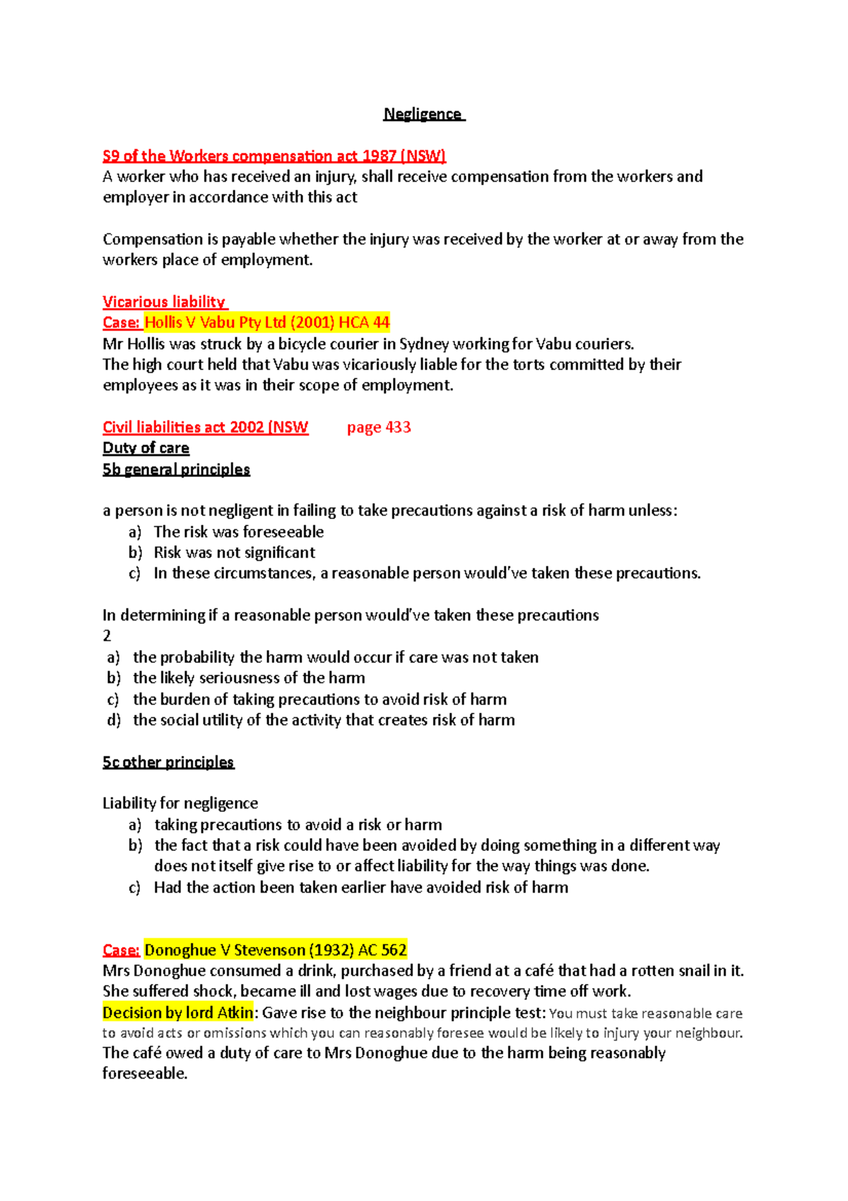 Negligence Case Studies and Key Principles - Law 101 Notes - Studocu