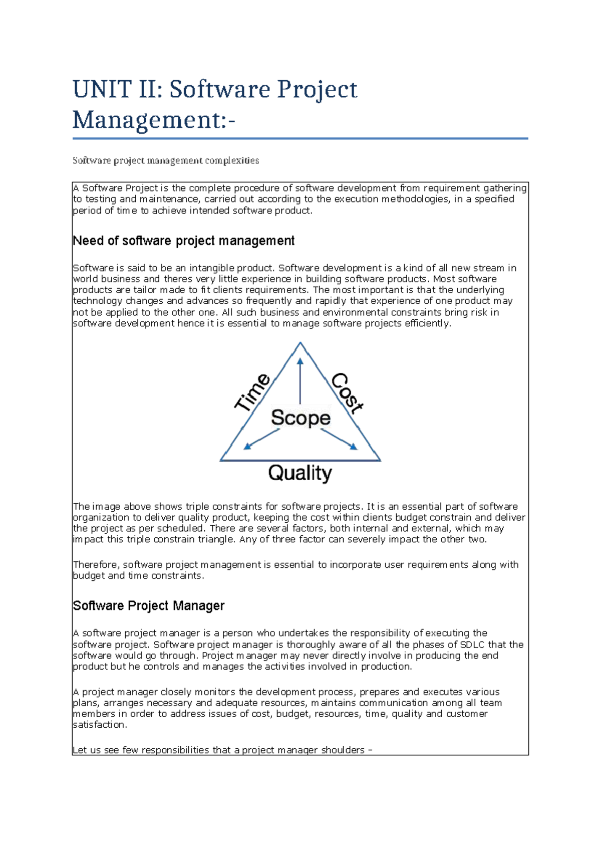 UNIT II: Software Project Management Complexities and Techniques - Studocu