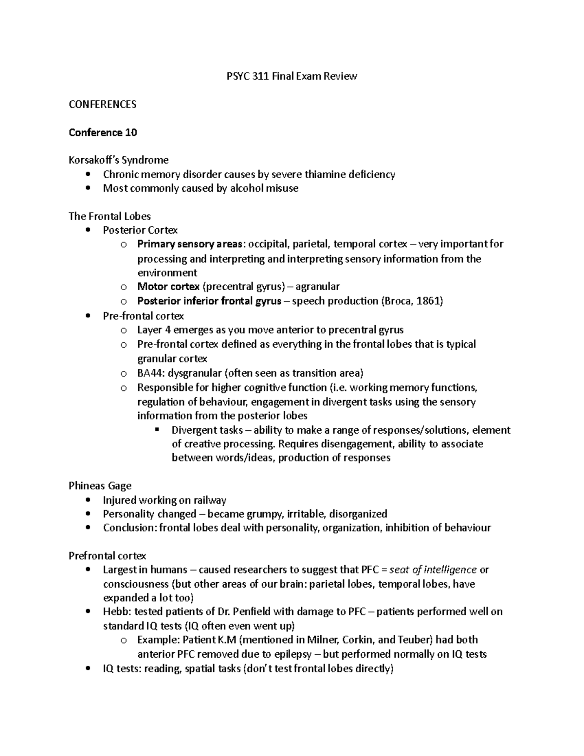 PSYC 311 Final Exam Review on Chronic Memory Disorders and the Frontal ...
