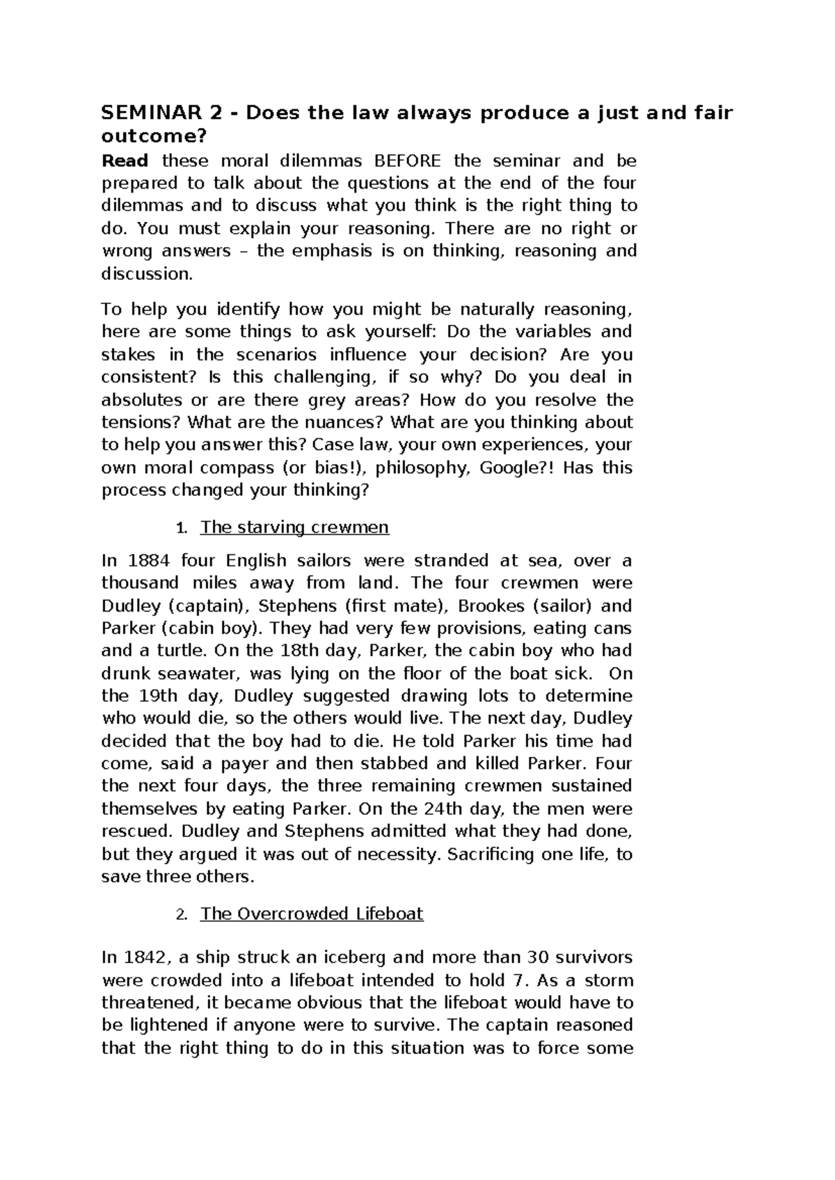 Seminar 2: Moral Dilemmas in Law and Justice Discussion - Studocu