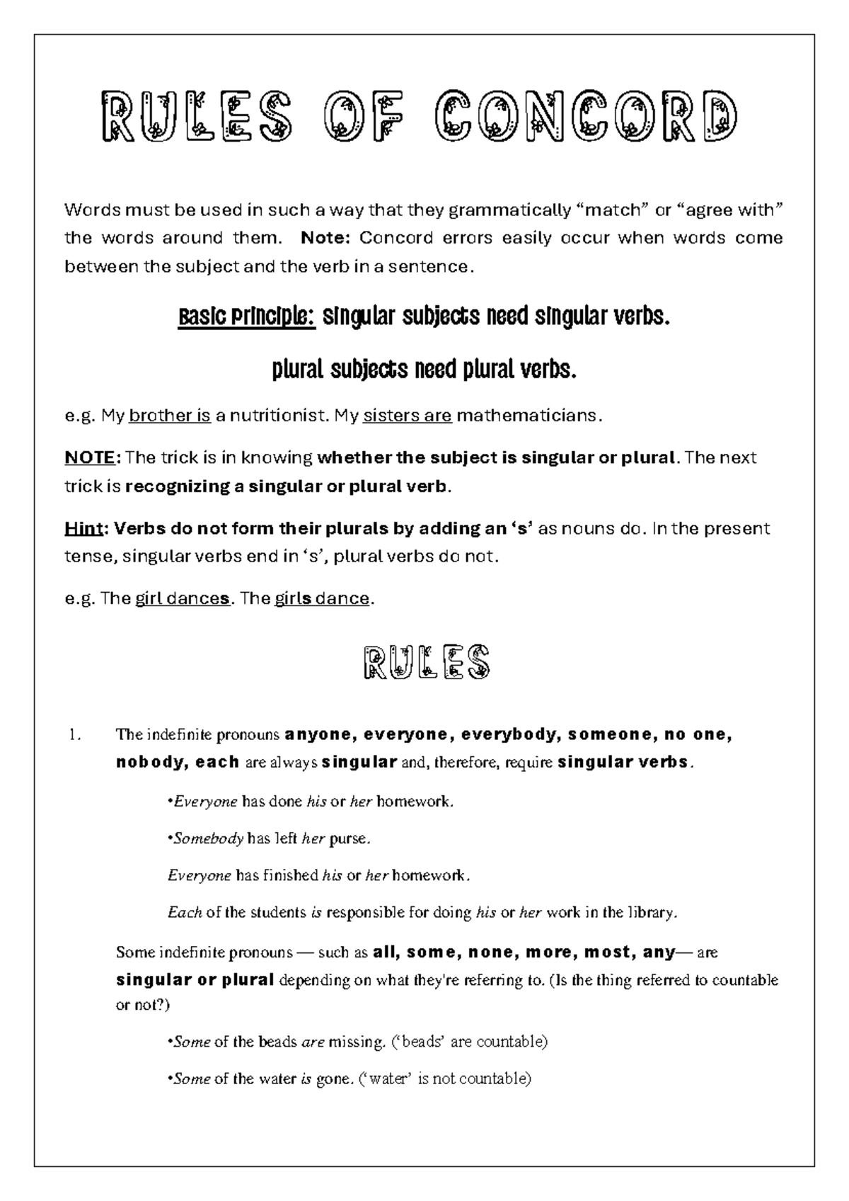 Note on Concord with Quiz: Rules and Examples - Studocu