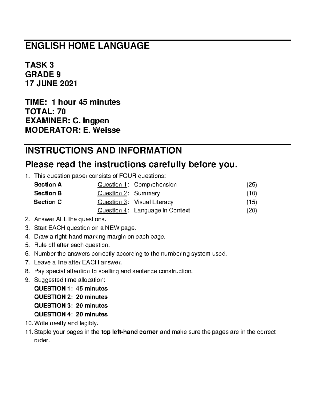 Grade 9 English Home Language Task 3 Exam Paper - June 2021 - Studocu