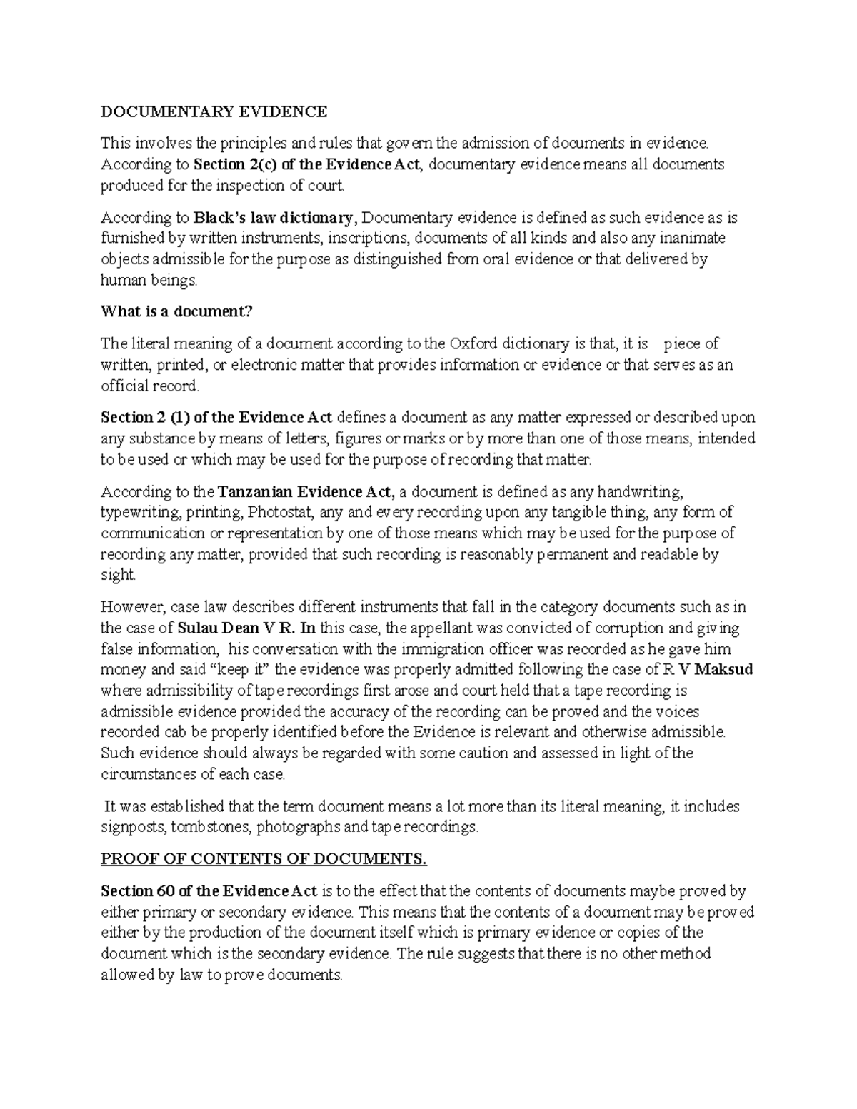 Documentary Evidence - DOCUMENTARY EVIDENCE This involves the ...
