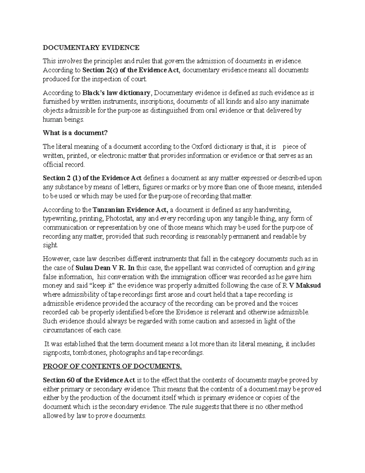 Documentary Evidence - DOCUMENTARY EVIDENCE This involves the ...