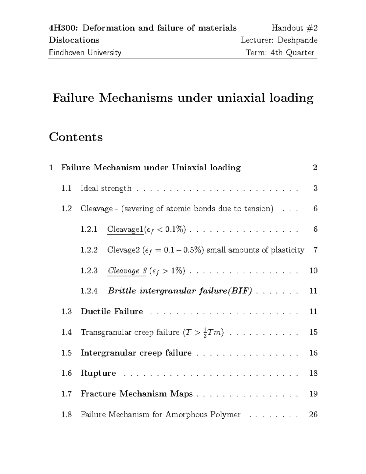 4H300: Handout on Deformation and Failure Mechanisms of Materials - Studocu