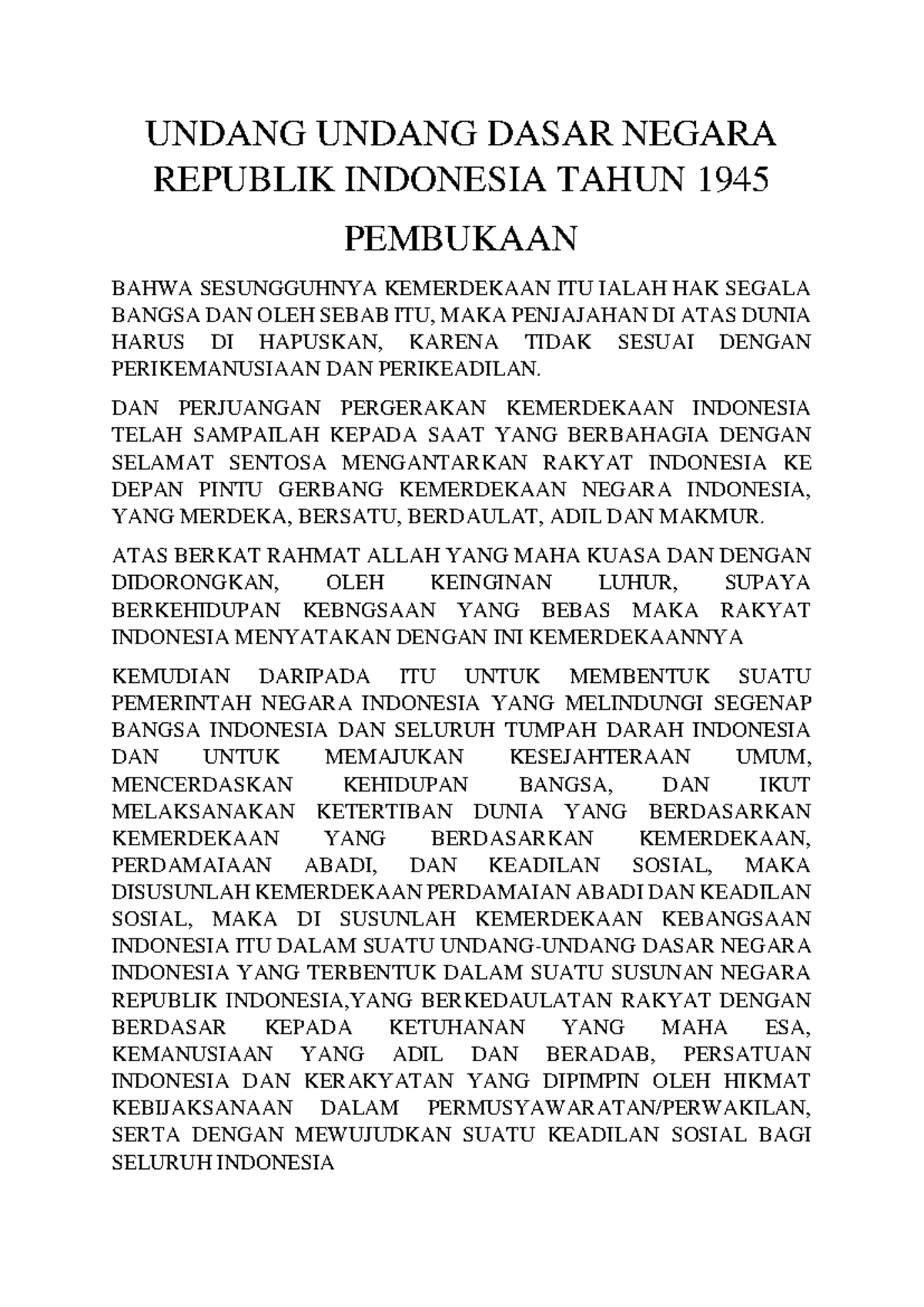 Undang Undang Dasar Negara Republik Indonesia 1945: Pembukaan - Studocu