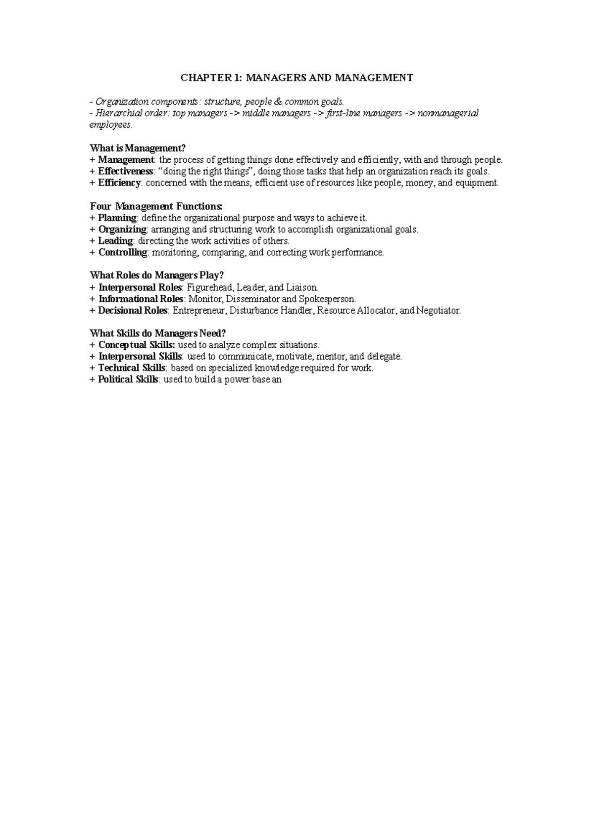 CHAPTER 1: MANAGERS AND MANAGEMENT - QTH Notes - Studocu