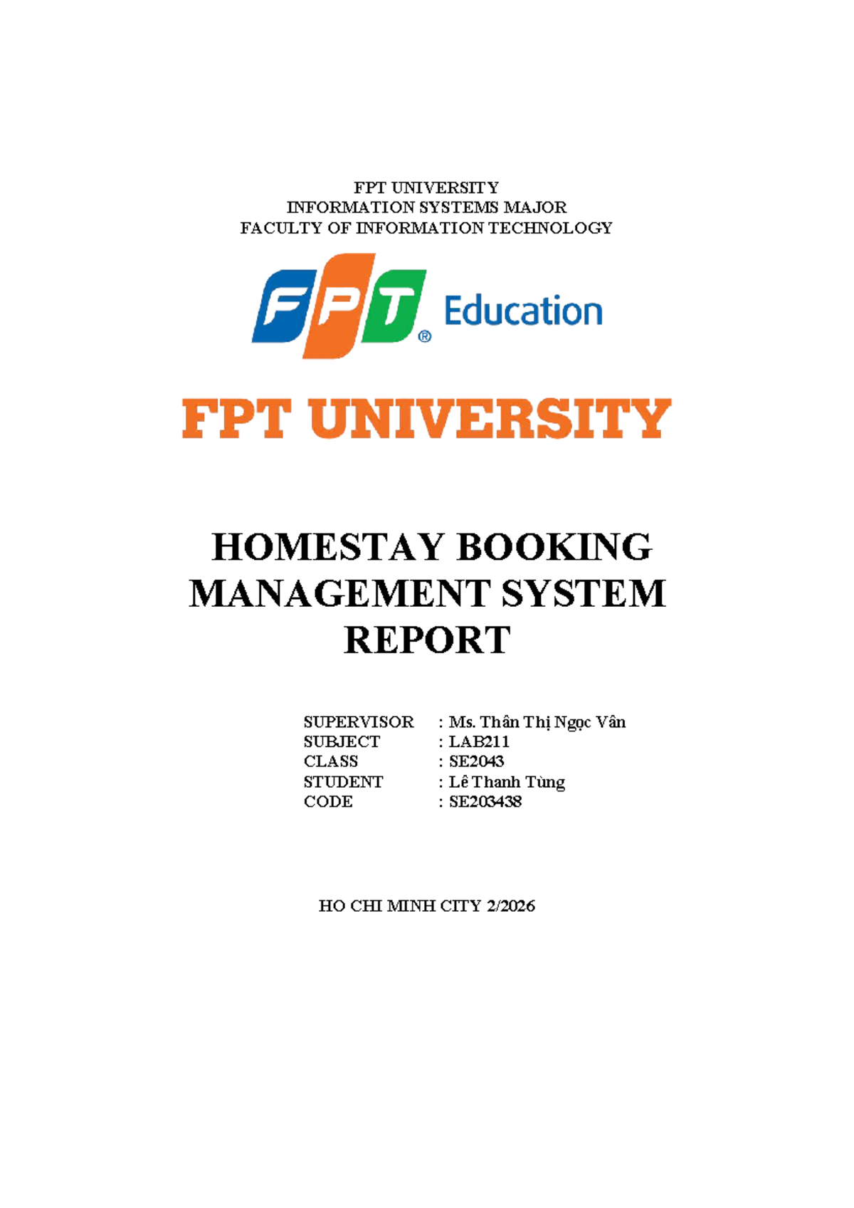 FPT University SE2043 Homestay Booking Management System Report - Studocu