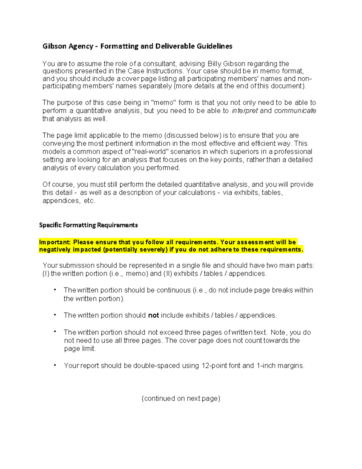 Gibson Agency Case Study - Formatting & Deliverable Guidelines - Studocu