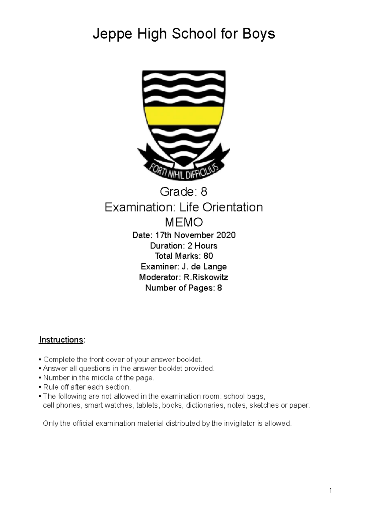 LO 2020 Nov Memo - Life Orientation Grade 8 Exam Solutions - Studocu