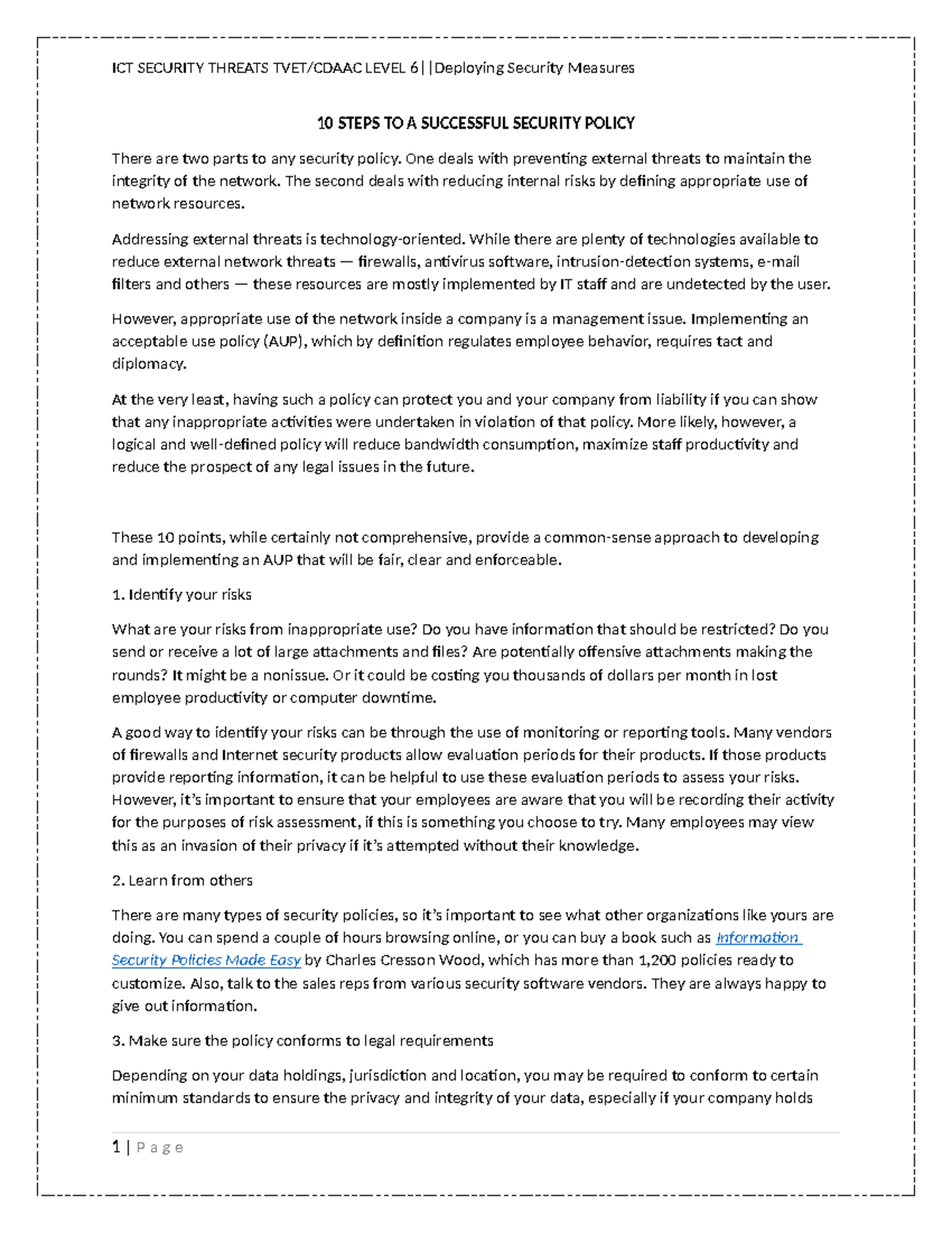 10 Steps to a Successful Security Policy: ICT Security Measures - Studocu