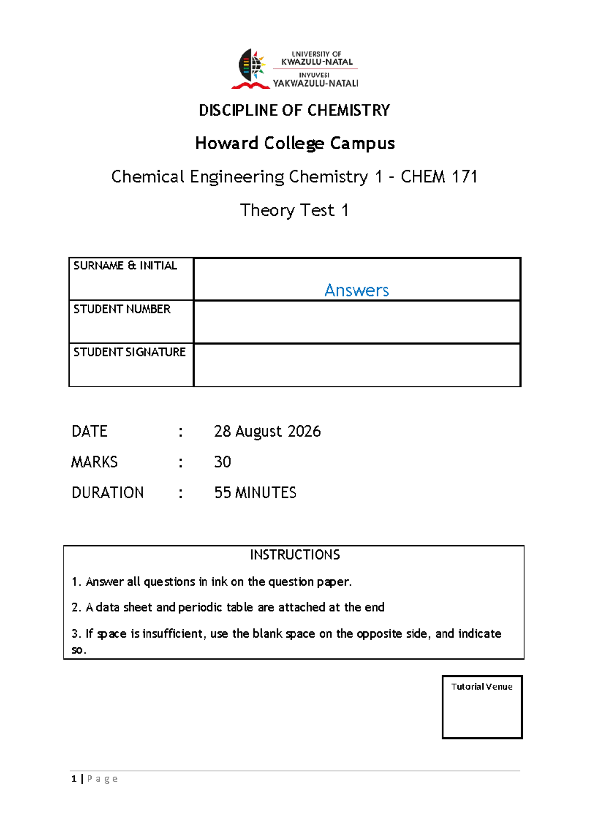 Theory Test 1 Answers for CHEM 171 - Chemistry 1 - Howard College 2026 ...