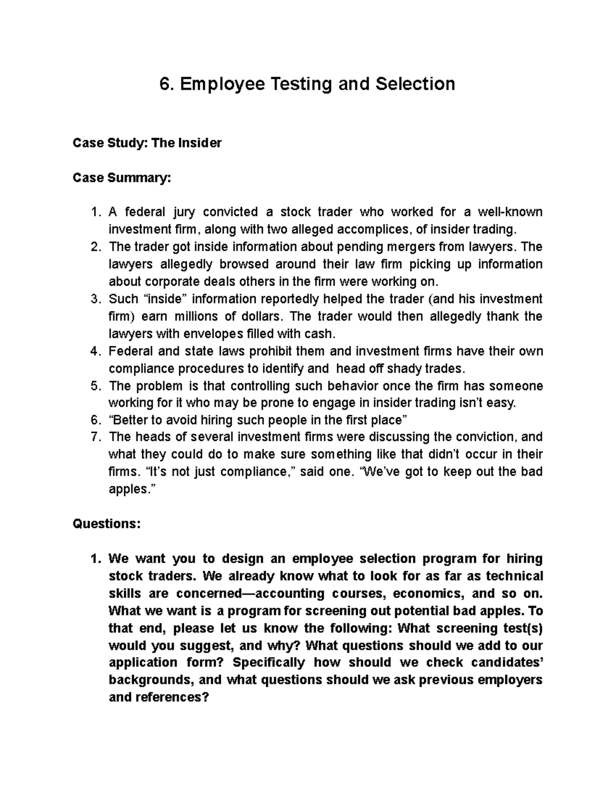 HRM Case Study (Ch 6): Designing Employee Selection for Traders - Studocu
