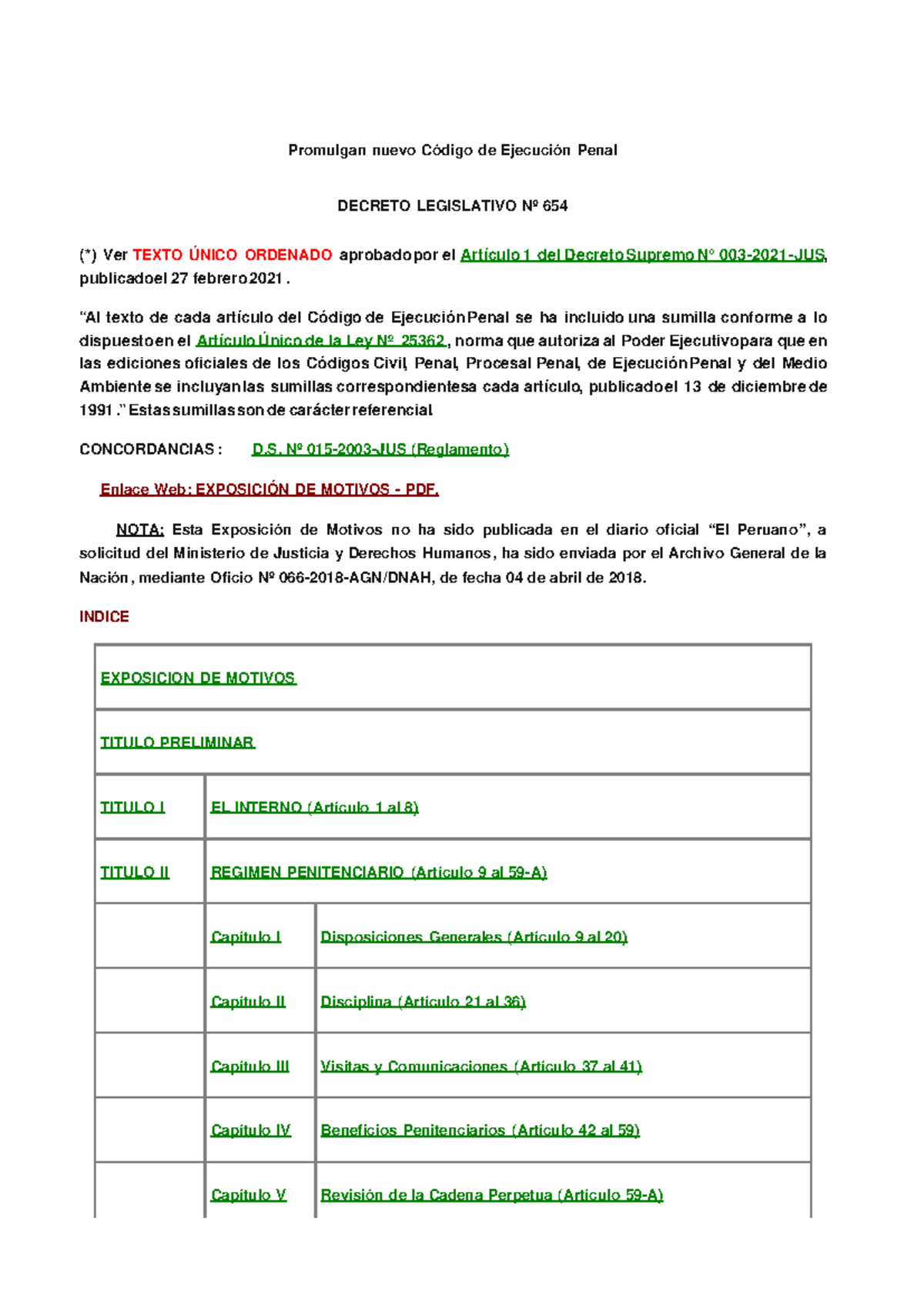 D.L. N° 654 - Nuevo Código de Ejecución Penal y Derechos del Interno ...