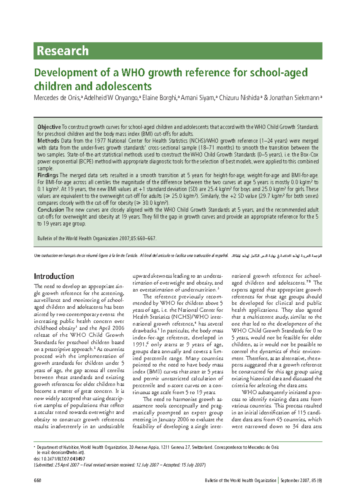 WHO Growth Reference Development for Children & Adolescents (2007 ...