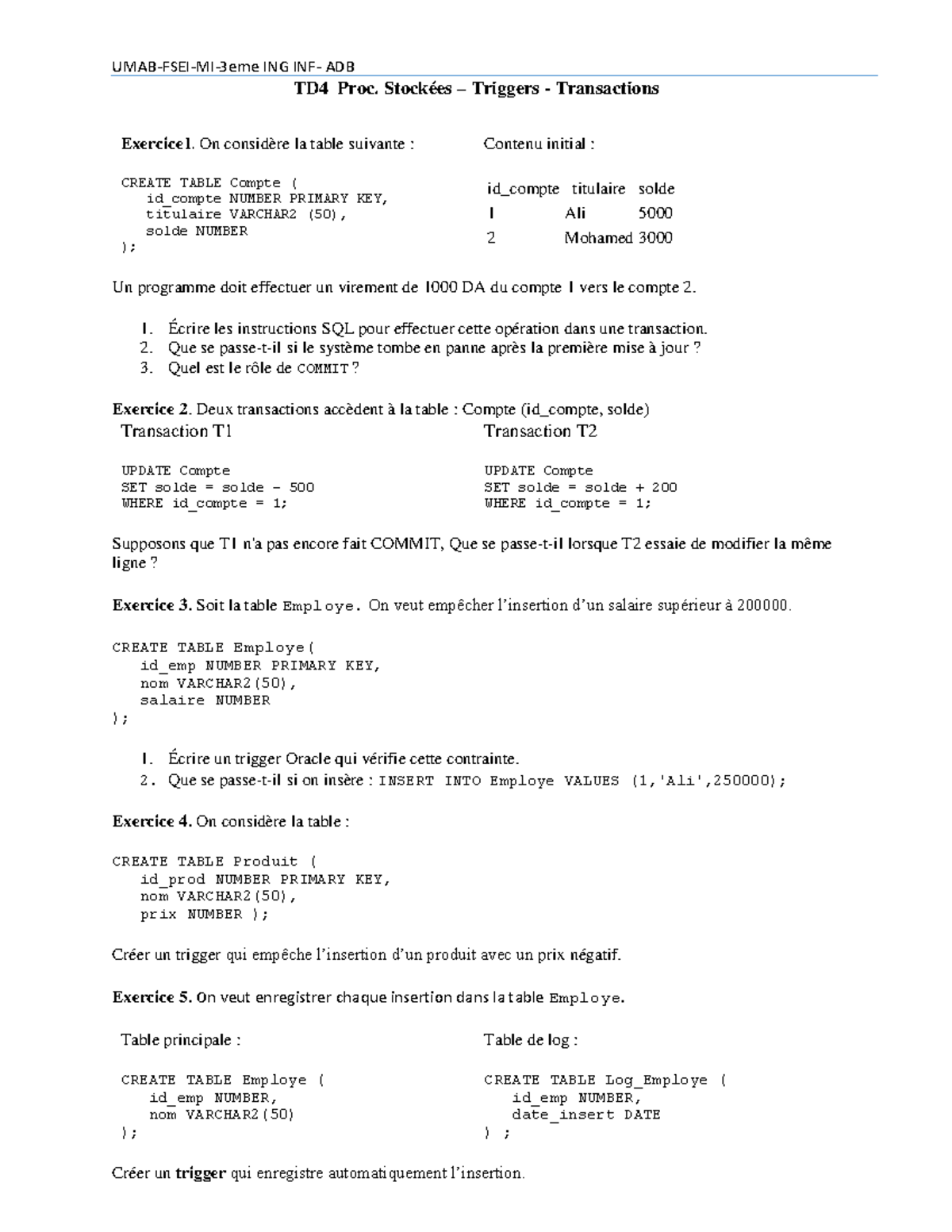 TD4 Exercice sur les Triggers et Transactions SQL - Studocu
