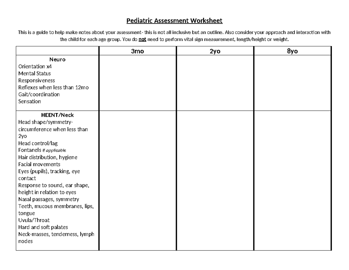 Pediatric Assessment Worksheet: Key Notes & Guidelines - Studocu